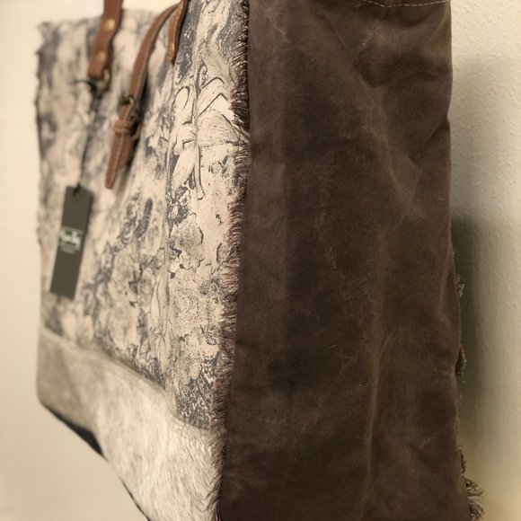 Myra™ Upcycled Canvas and Cowhide Weekender Bag - Picture 3 of 13